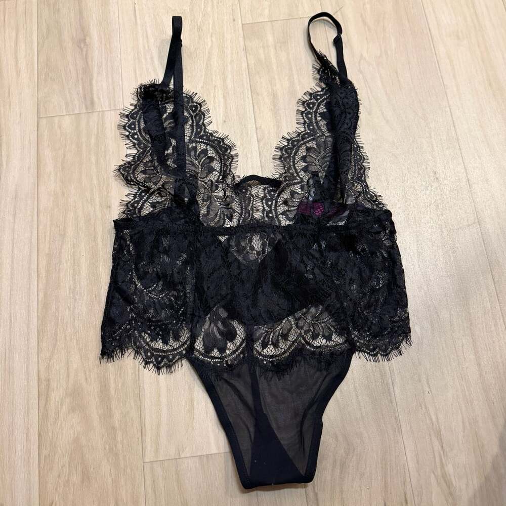 Adore Me Anouchka Bodysuit Size S Black Lace See Through